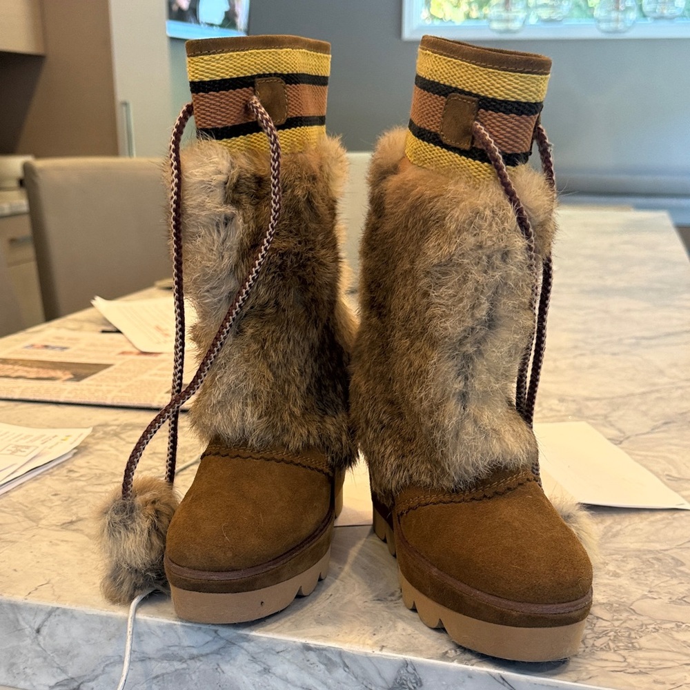 See By Chloe Brown and Yellow Fur-Trimmed Boots